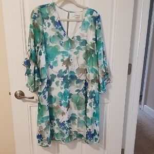 Calvin Klein Teal, Blue & White Floral Midi Dress with Ruffle Sleeves